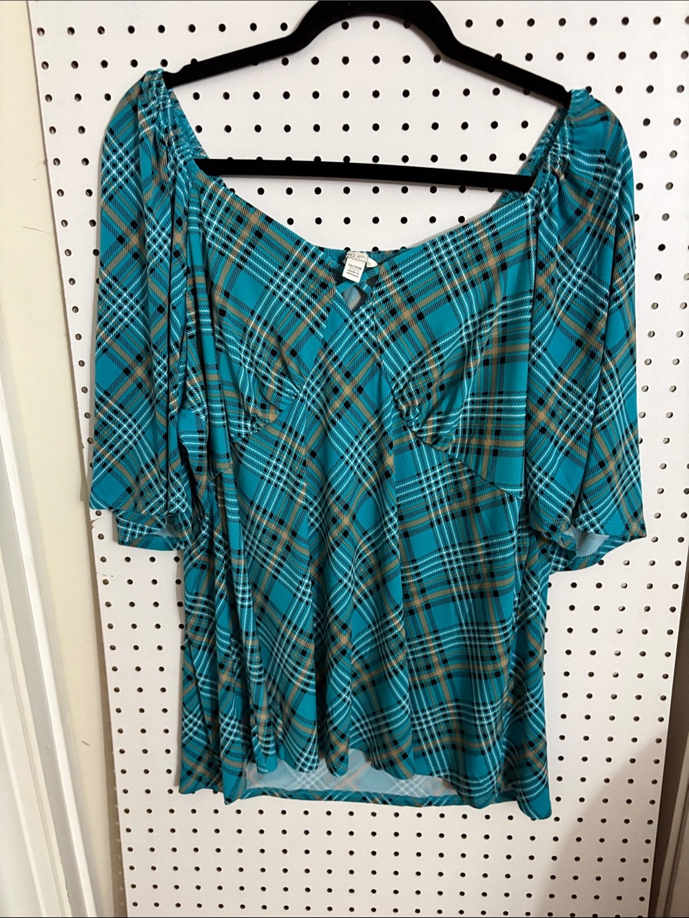 Cato Teal Plaid Off-Shoulder Tunic